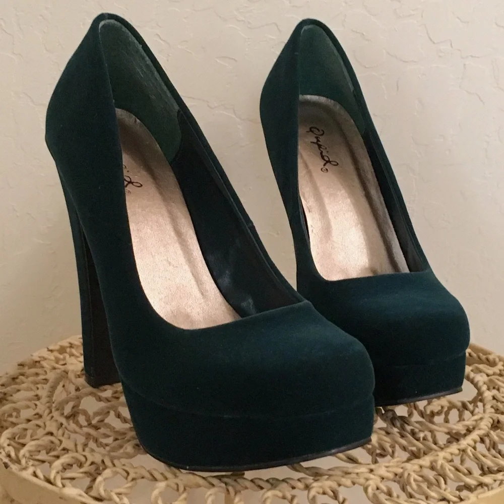 Qupid Dark Teal Velvet Platform Pumps